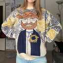 Women's Long Sleeve Crew Neck Sweatshirt Knit Pullover Casual Van Gogh Cartoon Sweater (Beige, XXL)