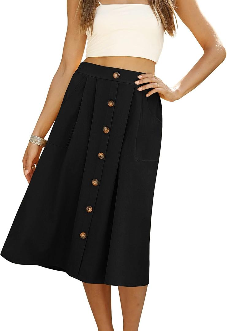 Naggoo Womens Summer Skirts Casual Front Button A-Line High Waisted Midi Skirt with Pockets (Black, L)