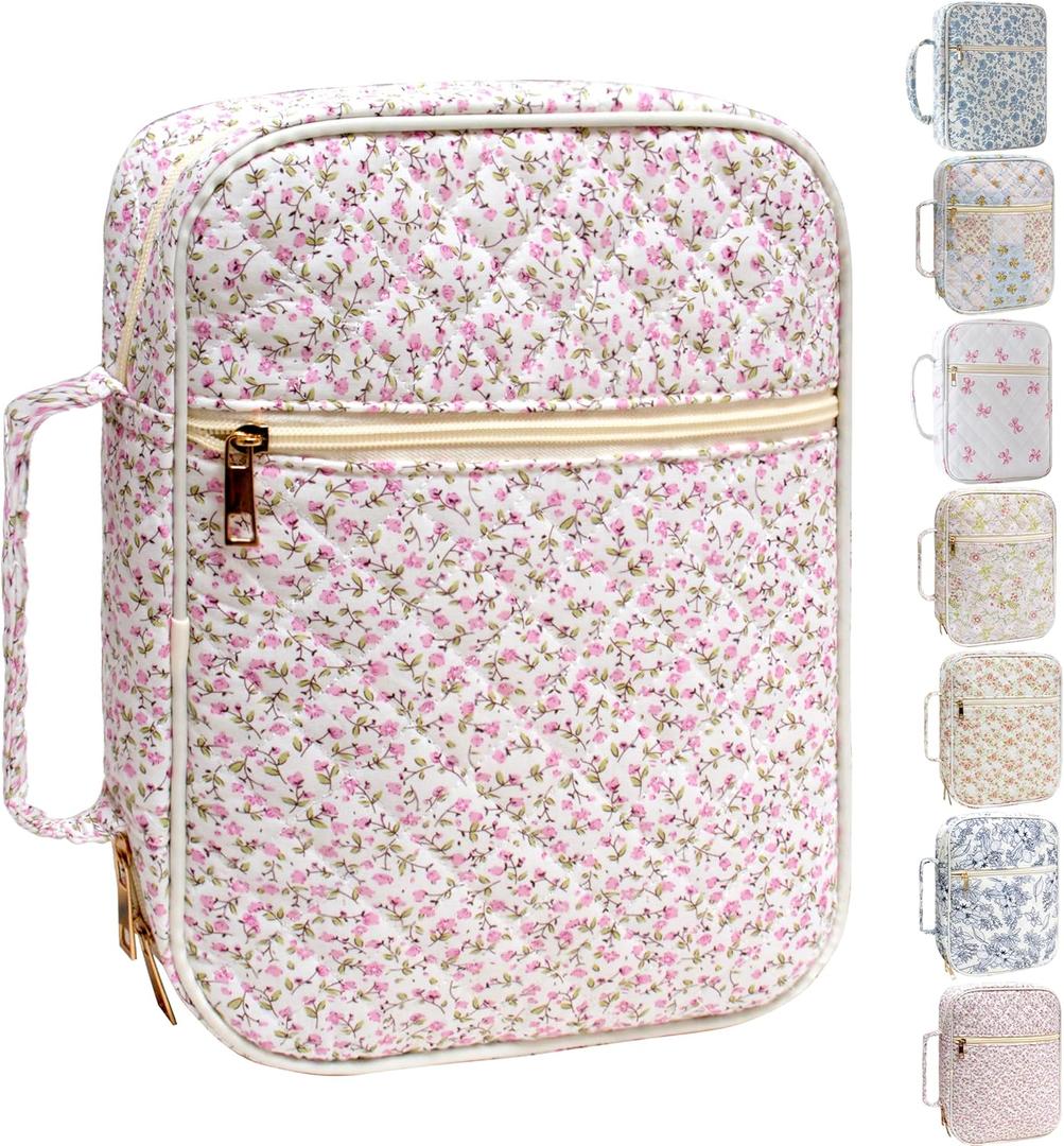 Bible Cover for Women, Large Quilted Case with Handle, Durable Bag and Carrying Case for Girls, Study Supplies Accessories, Christian Gift for Women (Mini Pink Flower, Large)