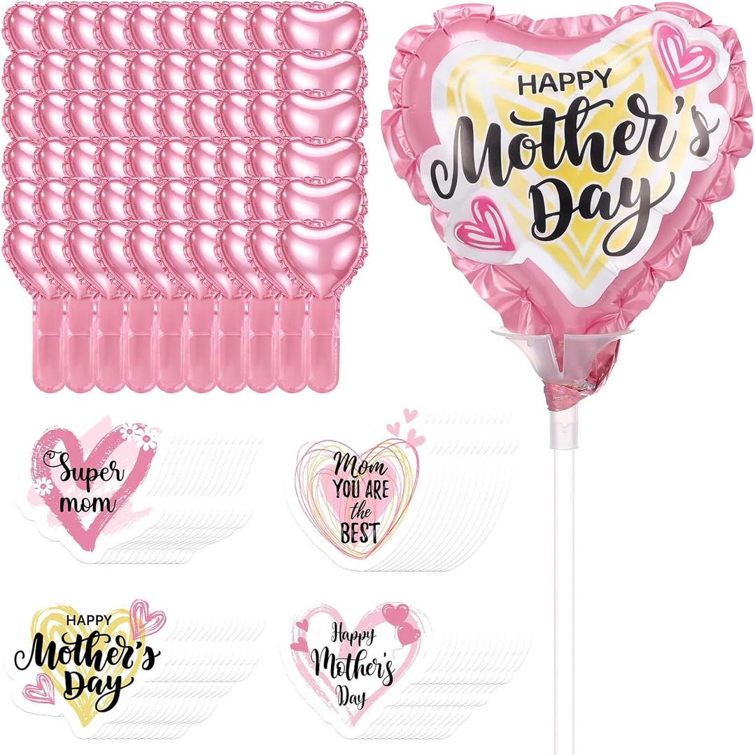 Blueweenly 60 Pcs Mother's Day Heart Foil Balloons with Sticks, Pink Balloon Kit with 60 DIY Mother's Day Stickers (4 Designs), Party Decorations & Gifts for Mom(4 Inch)