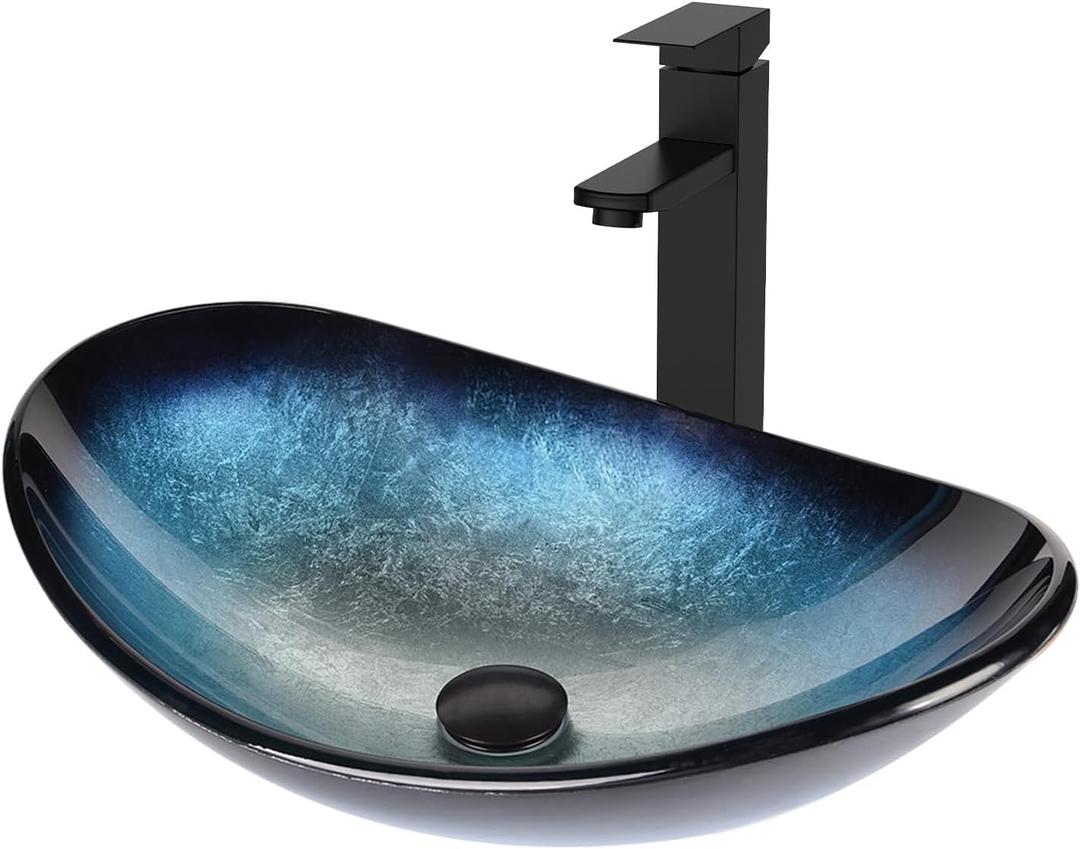 Bathroom Boat Shape Artistic Glass Vessel Sink Free Black Faucet and Pop-up Drain Set, Blue, 21x13.4 inches