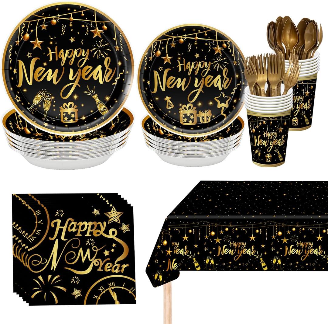 KatchOn, Happy New Year Plates Cups and Napkins Set - Serves 25 Guest | New Years Eve Party Supplies for New Years Decorations 2026 | Happy New Year Tableware for Nye Decorations 2026 (Gold and Black)