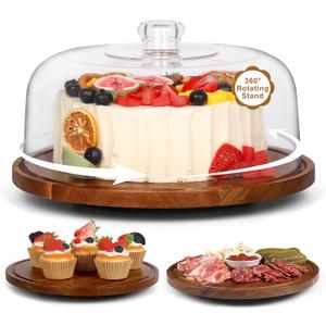 Bellsal Cake Stand with Dome Lid, 12in Acacia Wood Cake Plate with Cover, Wooden Cake Display Stand with Acrylic Dome, Cake Decorating for Baking Gifts, Birthday Kitchen Party, Weddings