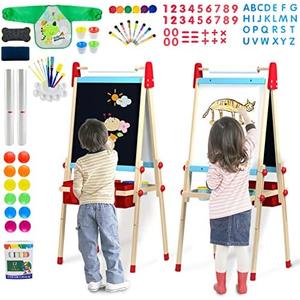 WOOD CITY Easel for Kids, Adjustable Standing Art Easel with Painting Accessories Wooden Chalkboard & Magnetic Whiteboard & Painting Paper Stand, Toddler Art Set Easel for Toddlers 2-12 Year Olds