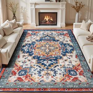 Rugflix 8x10 Area Rug for Living Room, Machine Washable Area Rugs with Non-Slip Backing, Large Soft Boho Vintage Rug for Bedroom, Dining Room, Low Pile Carpet, Kids Pet Friendly, Red