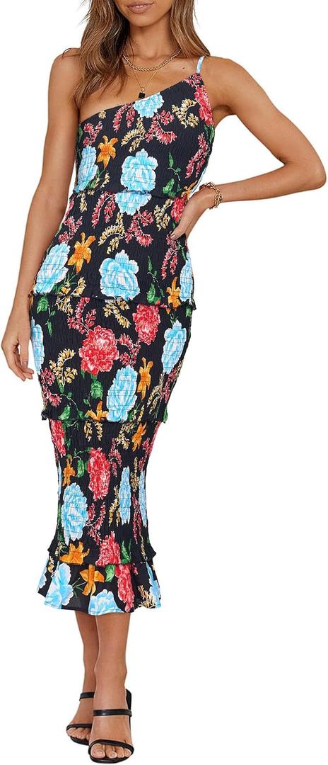 PRETTYGARDEN Women's Summer Midi Bodycon Dresses One Shoulder Strappy Tiered Ruffle Floral Boho Sun Dress (XL)