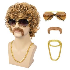 Mens Wigs, 70s Disco Wig for Men Short Curly Blonde Mixed Brown Synthetic hair Wigs for Halloween Costume Chrismas Cosplay Party (5 pieces set)
