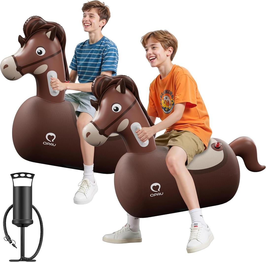 QPAU Infatable Bouncy Horse Toys 2 PCS with Hand Pump, Heavy Duty Giant Bouncy Pal, 220lbs Load Capacity, Ride On Bouncy Animal Hopper Toy, Indoor Outdoor Bouncers for Kids Girls Boys Ages 5+