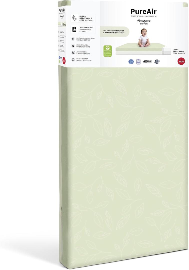 Beautyrest Silver PureAir Two-Stage Crib and Toddler Mattress Greenguard Gold, Removable/Machine Washable Cover, Breathable Cover & Core with Stain Release, Moisture Wicking Technology, White/Green