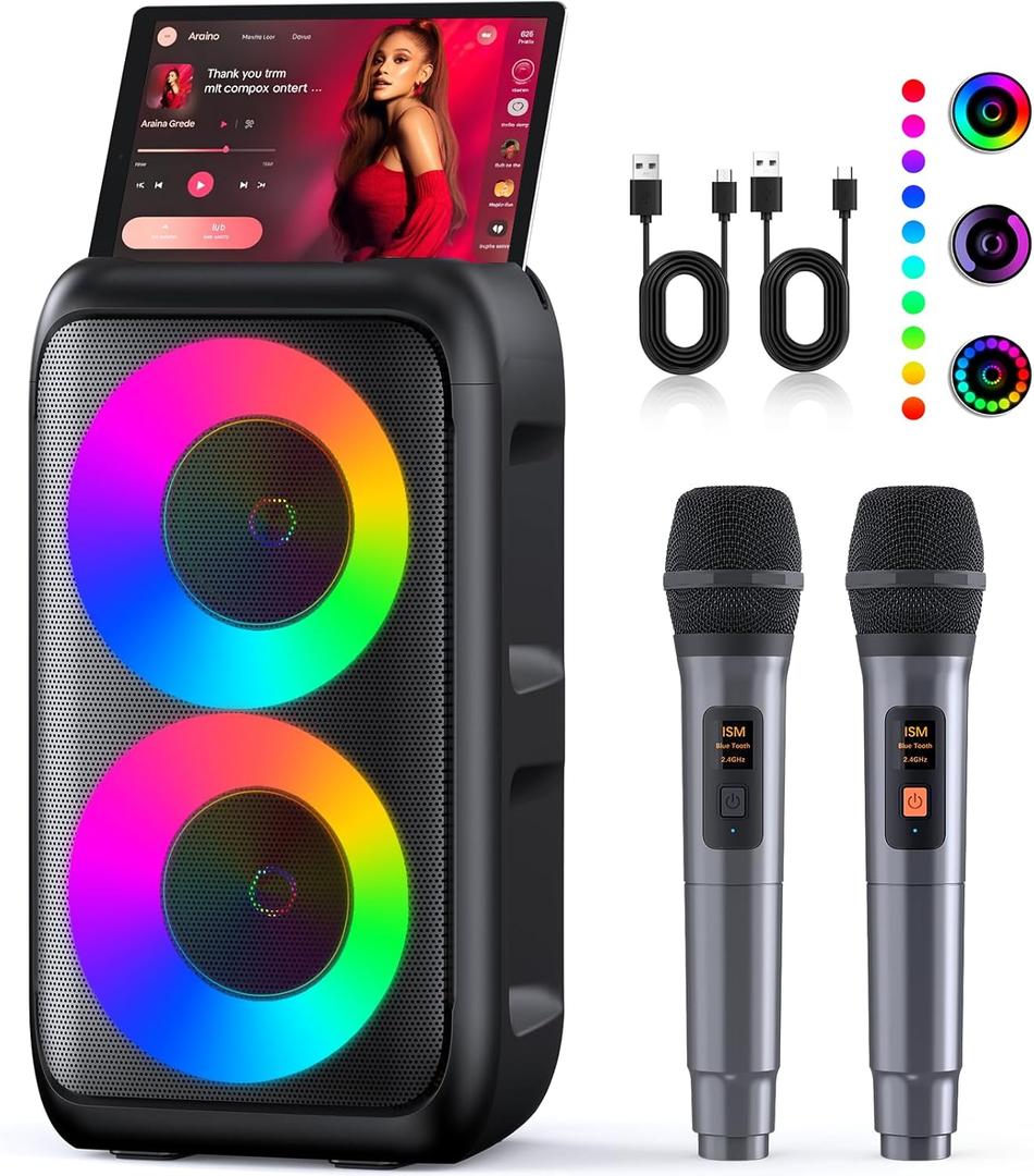 Karaoke Machine, Portable Bluetooth Speaker with 2 Wireless Karaoke Microphones, Karaoke Machine for Adults Kids with PA System,Stage Monitors Support TWS/TF/USB/AUX for Home Party Stage,Xmas Gifts (Black)