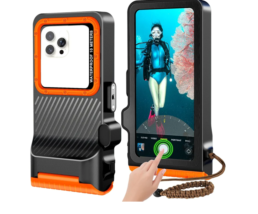 2025 Upgrade Waterproof Phone Case, Diving Snorkeling Swimming Scuba Underwater Touch Screen Photo Video Housing Cover for 17/16/15/14/13/12/11 Pro Max/XS Samsung Galaxy S25/S24/S23/S22 (Black Orange)