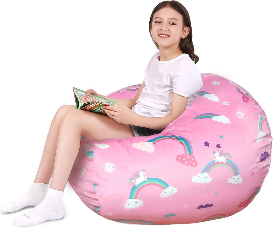 Lukeight Unicorns Stuffed Animals Storage Bean Bag Chair Cover Only (Ships Empty, No Filling) - Velvet YKK Zipper Beanbag Cover for Toddlers and Kids, Washable Plush Toy Organizer, Large 27" D x 16" H (Rainbow Pink)