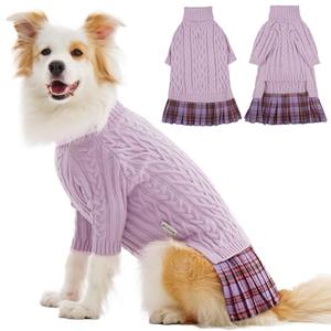 IECOii XL Dog Sweater Dress for Large Dogs Girl, Cable Knit Winter Dress for Female Dogs, Purple,XLarge, Soft Girl Dog Sweater with Tartan Plaid Skirt Cute Turtleneck Knitwear for Cold Weather XL