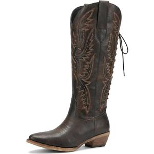Uillnoodu Cowboy Boots for Women,Mid Calf Cowgirl Boots with Embroidery Pointed Toe Chunky Heel Western Boots 8W