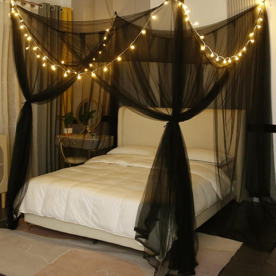 Mengersi Canopy Bed Curtains with Lights, Elegant Bed Canopy Curtains Bed Netting for Full Queen King Size Bed, Halloween Decoration, Gothic Black Room Decor Aesthetic