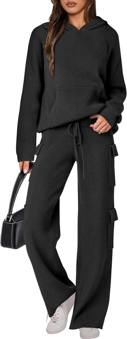 ANRABESS Womens Two Piece Outfits Casual Knit Hooded Sweater Straight Leg Pants Set 2025 Fall Lounge Travel Clothes (Small, Black)