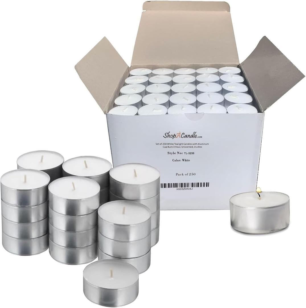 250 Pack Tealight Candles in Metal Cups - Clean, White Unscented Tealight with 3 Hour Long Burning Time - Votive Candles Bulk for Romantic Dinner, Weddings, Spa & Hotels