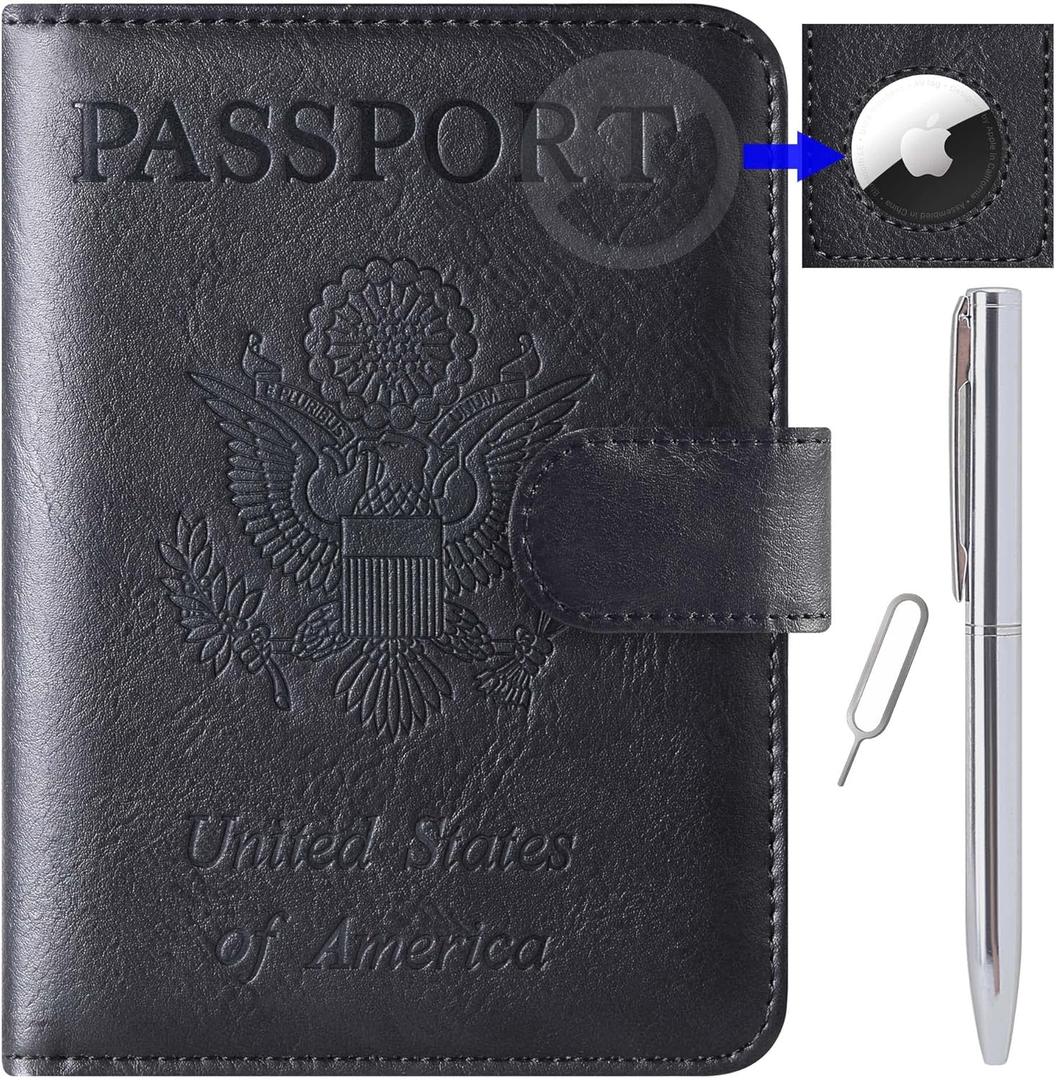 Airtag Passport Holder Cover Wallet Travel Essentials Leather RFID Blocking Case Vacation Luggage Must Haves Travel Accessories for Men Women (117#Black)