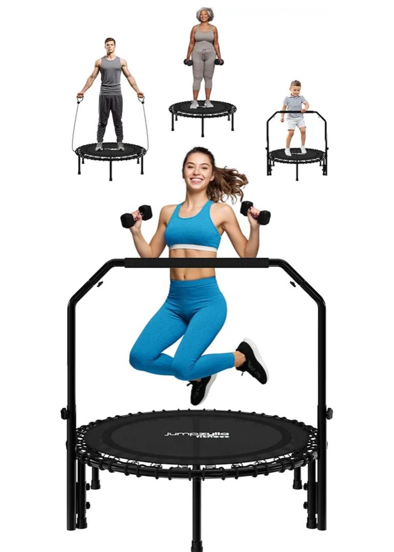 Jumpzylla Fitness Rebounder Trampoline for Adults, Mini Trampoline for Adults with Bar and Elastic Bands, Family Kids & Adult Exercise Trampolines Indoor/Outdoor, 450lbs, 40 inch
