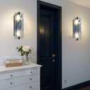 2 Pack 2 Light 15.7" Blue Frosted Glass Bathroom Wall Sconce Modern Concise Style Wall Light Fixture,Black Finish for Bedroom Hallway Bedside