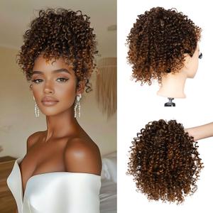 Short Kinky Curly Brown Drawstring Ponytail Extension for Black Women Synthetic Ombre Brown Afro Kinky Curly Ponytail Drawstring Extension Messy Bun Hair Piece for Daily Party 10Inch T1B/30