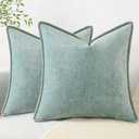 decorUhome Chenille Soft Throw Pillow Covers 18x18 Set of 2, Farmhouse Velvet Neutral Decorative Pillow Covers with Stitched Edge for Couch Sofa Bed Home Decor, Aqua Haze