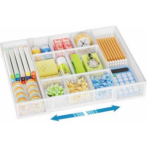 Marbrasse Expandable Desk Drawer Organizer, Mesh Drawer Organizer Tray with 10 Adjustable Compartments, Desk Organizers and Accessories, 5 Dividers Drawer for Office Supplies, Makeup & Vanity (White)