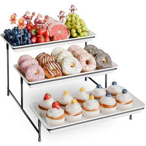 3-Tier Melamine Serving Tray Set, 14"x7" Platters for Serving Food, White Reusable Trays with Black Metal Display Stand for Cupcakes, Sevring Food, Dessert, Fruit, Cookie, Black