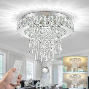 11.8 Crystal Ceiling Light Fixture, Flush Mount Ceiling Light for Bedroom, Modern Round Chandeliers 3000K-6500K Dimmable with Remote, LED Chandelier for Kitchen Dining Room Hallway