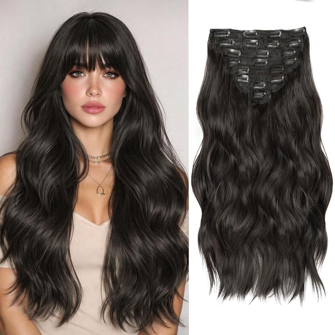 Hair Extensions Clip Ins, 8PCS 20 Inch Natural Black Clip in Hair Extensions, Synthetic Long Wavy Curly Hair Extension, Full Head Thick Hairpieces for Women