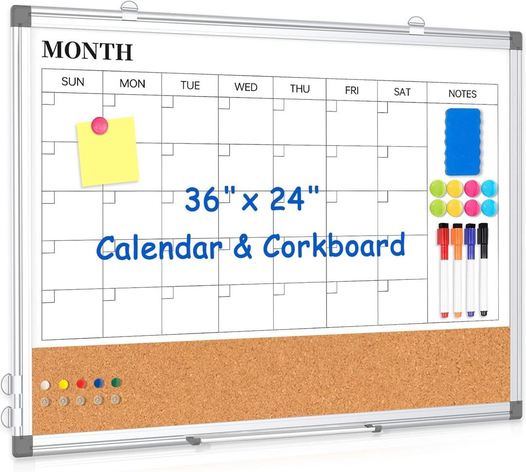 Monthly Calendar Whiteboard Dry Erase Cork Board Combo for Wall, 36" x 24" Magnetic Double-Sided Calendar White Board and Bulletin Board, Portable Board for Office, Kitchen, School, Home