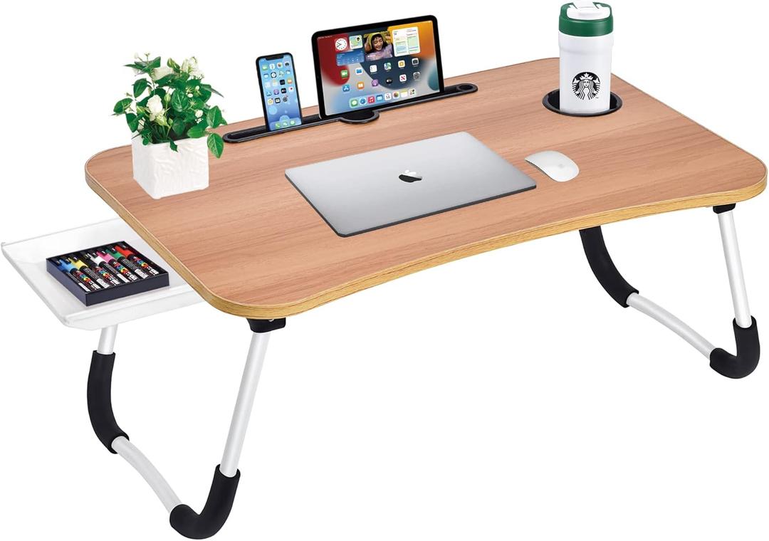 Laptop Bed Desk Table Tray Stand with Cup Holder/Drawer for Bed/Sofa/Couch/Study/Reading/Writing On Low Sitting Floor Large Portable Foldable Lap Trays Eating and laptops(Walnut)