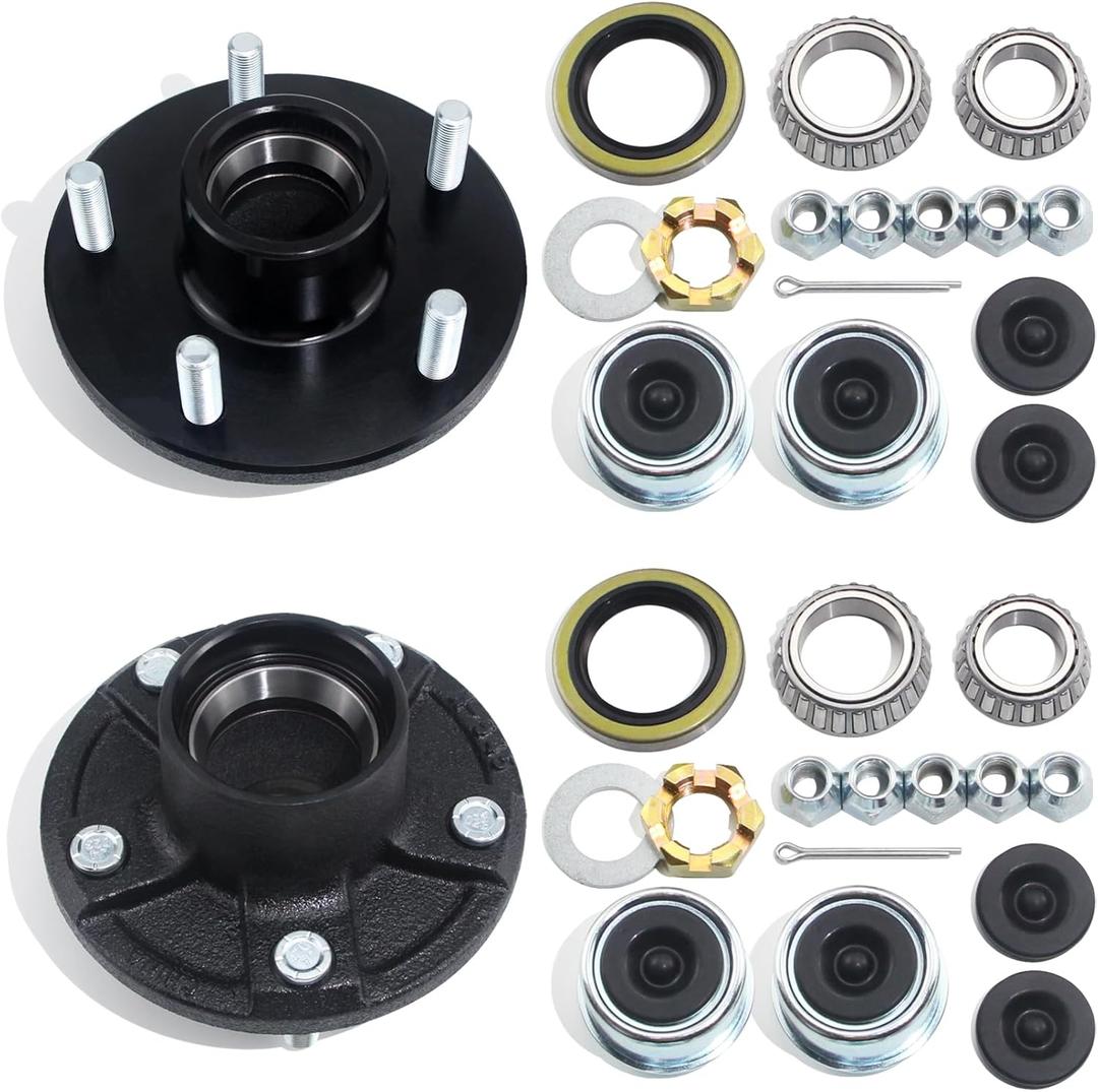 2 Sets 5 on 5'' Trailer Hub Kit for 3500 lbs 1-1/16'' to 1-3/8'' Tapered Axle #84 Spindle, Replacement 5x5'' Hub Trailer Wheel 5 Lug Bolt Idler Hub Kit with Extra Caps & Rubber Plugs