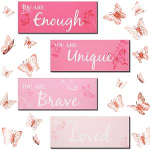 Blulu 4 Pcs Butterfly Inspirational Quotes Wooden Wall Decor and 3D Butterfly Wall Decor Girls Room Inspirational Gift for Teen Girls Women Room Nursery Bedroom Bathroom (Pink)
