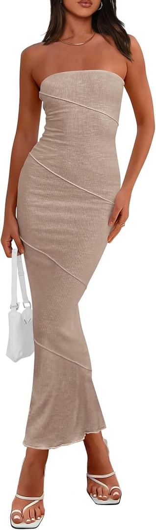 PRETTYGARDEN Women's Ribbed Maxi Bodycon Dress Summer Strapless Tube Y2K Party Club Long Dresses (Khaki, Small)