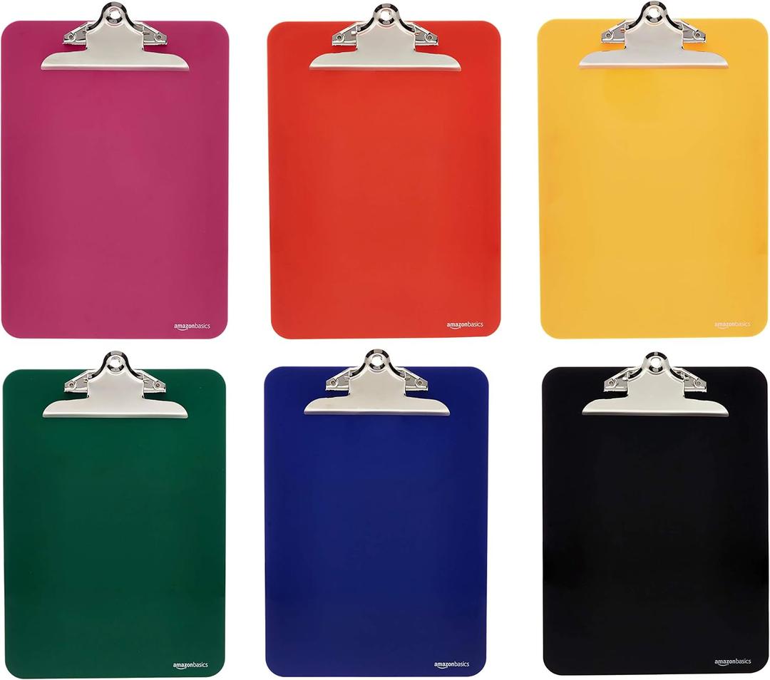 Amazon Basics Lightweight Plastic Clipboards with Sturdy Metal Clip, Letter Size, Assorted Classic Colors, Pack of 6