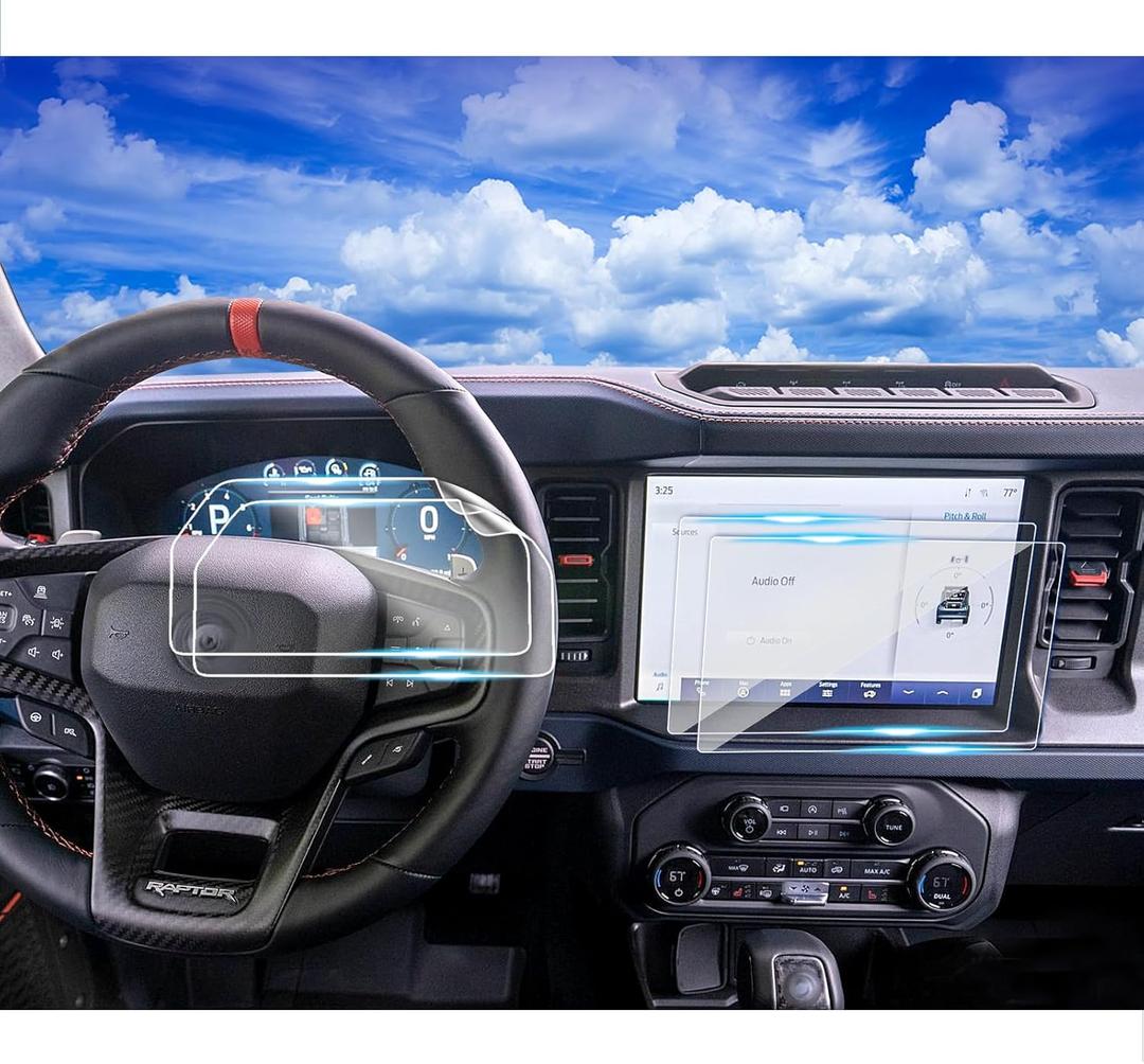 4pcs 2024 2025 Bronco Screen Protector 12 Inch for 2021 2022 2023 2024 2025 Ford Bronco Raptor Outer Banks Badlands Wildtrak Everglades Accessories2p Glass Nav. & 2p Soft Dash-Not Sport Model