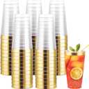 I00000 16 oz Gold Plastic Cups, 50 Pack Clear Plastic Cups Tumblers Gold Rimmed Disposable Cup, Heavy-duty Disposable Cup Perfect for Halloween, Thanksgiving and Christmas Parties