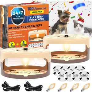Pack of 2 Flea Traps for Inside Your Home, Indoor Flea Light, Bed Bug Killer with 8 Sticky Pads & 4 Light Bulb, Odorless Natural Insect Infestation Treatment Trap for Kid Pet (Coffee Brown)