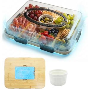 Charcuterie Board with Lid & Ice, Upgraded 6 Snap Laches, Sauce Cup Included, Large Portable Cheese Tray with Handle, Serving Tray for Picnic & Pool, House Warming Gifts New Home (Black)