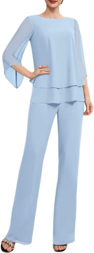 Zongqiven Womens Dressy Pant Suit Wedding Evening Outfits 2 Piece Chiffon Formal Pantsuits Light Blue, Size L