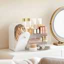 lurcns Makeup Organizer with Dustproof Brush Holder for Vanity, Large Cosmetics Organizer and Bathroom Countertop Skincare Storage with 2 Clear Drawers for Lipstick, Perfume, Eyeshadow Palettes,White
