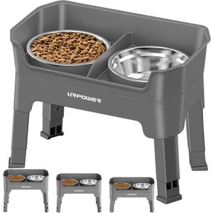 URPOWER 3-in-1 Elevated Dog Bowls - Mess Proof Double Deck 4 Height Adjustable Raised Stand with 2 Stainless Steel Food Bowls & Licking Plate for Small, Medium & Large Dogs (Gray)