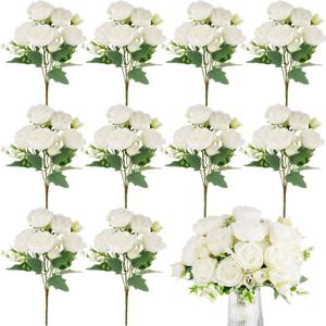 Olgaa 12 Bundles Peonies Artificial Flowers Artificial Peonies Silk Flowers Bulk Fake Peony Bouquet for Bridal Shower Decorations Wedding Table Centerpiece (White)