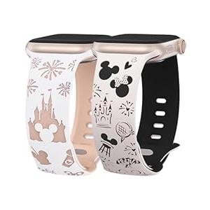 2 Packs Cartoon Engraved Band Compatible with Apple Watch Band 49/46/45/44/42/41/40/38mm Women Two-Tone Cute Soft Silicone Sport Strap for iWatch SE Series 10/9/8/7/6/5/4/3/2/1/Ultra(1/2) (Black Starlight/Starlight Black)