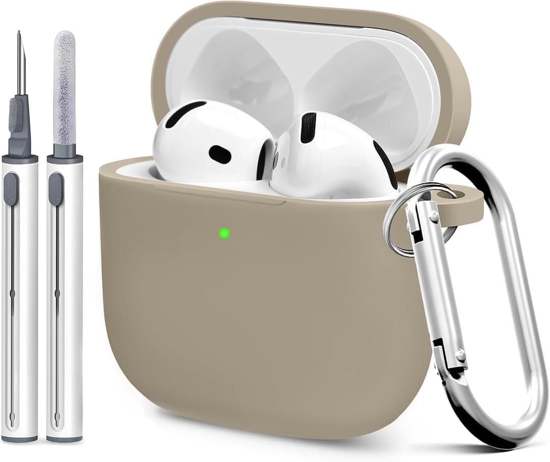 Silicone Case Cover for AirPods 4th Gen, Soft Skin, Full Protection, Keychain, Cleaner Kit (Milk Tea)