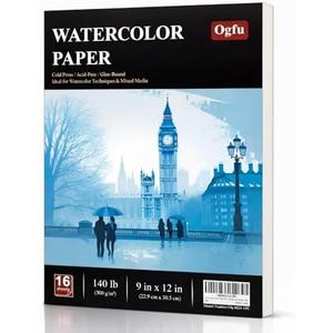 Ogfu Watercolor Paper Pad, 9"x12" Water Color Paper, 140lb/300gsm | Watercolor Sketchbook for Beginners, Students, Art Paper for Watercolor Painting, Drawing & Art Supplies,16 Sheets, Pack Of 2