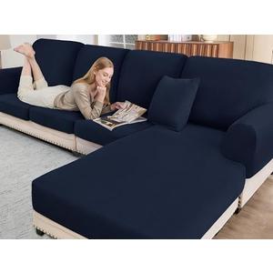 BT.WA Sectional Couch Covers for Sofa Cushion L Shaped Couch Cover Washable Soft Couch Cushion Covers Stretch Sofa Slipcovers with 2 Pcs Pillowcases(3-Piece 2 Seater + 1 Chaise, Navy)