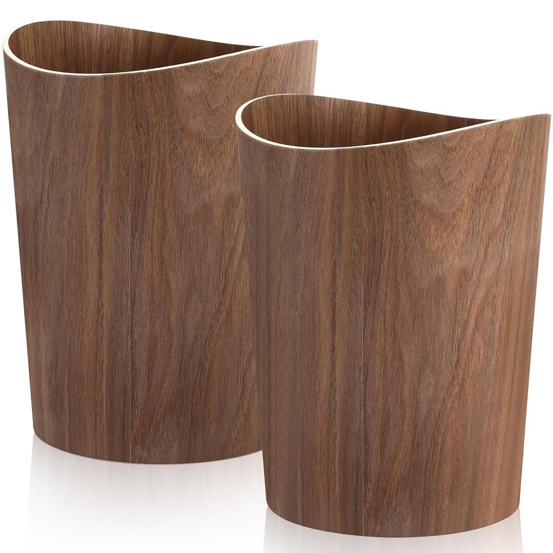 2 Pack 2.3 Gallons Wood Trash Can Wastebasket Natural Wood Round Wastebasket Small Trash Bin for Home, Office Under Desk, Kitchen, Bedroom, Den, Hotel, Room (Dark Wood,Wavy)