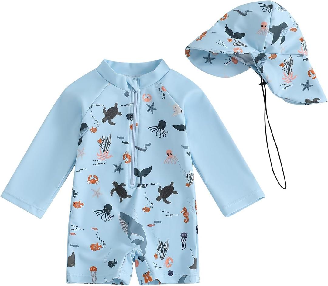 Hnyenmcko Baby/Toddler Boy Rash Guard Swimsuit Long Sleeve One Piece Zipper Swimwear Sunsuit Infant Bathing Suit Beachwear (Animal-Sky Blue, 18-24 Months)